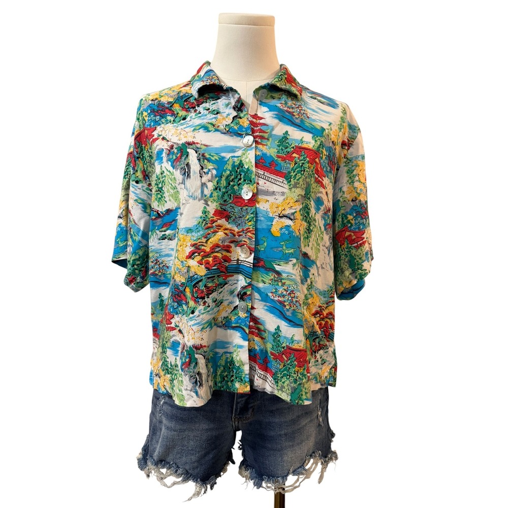 Clio Japanese Landscape Scenic Print Button Front Top Multicolor Large Art Deco